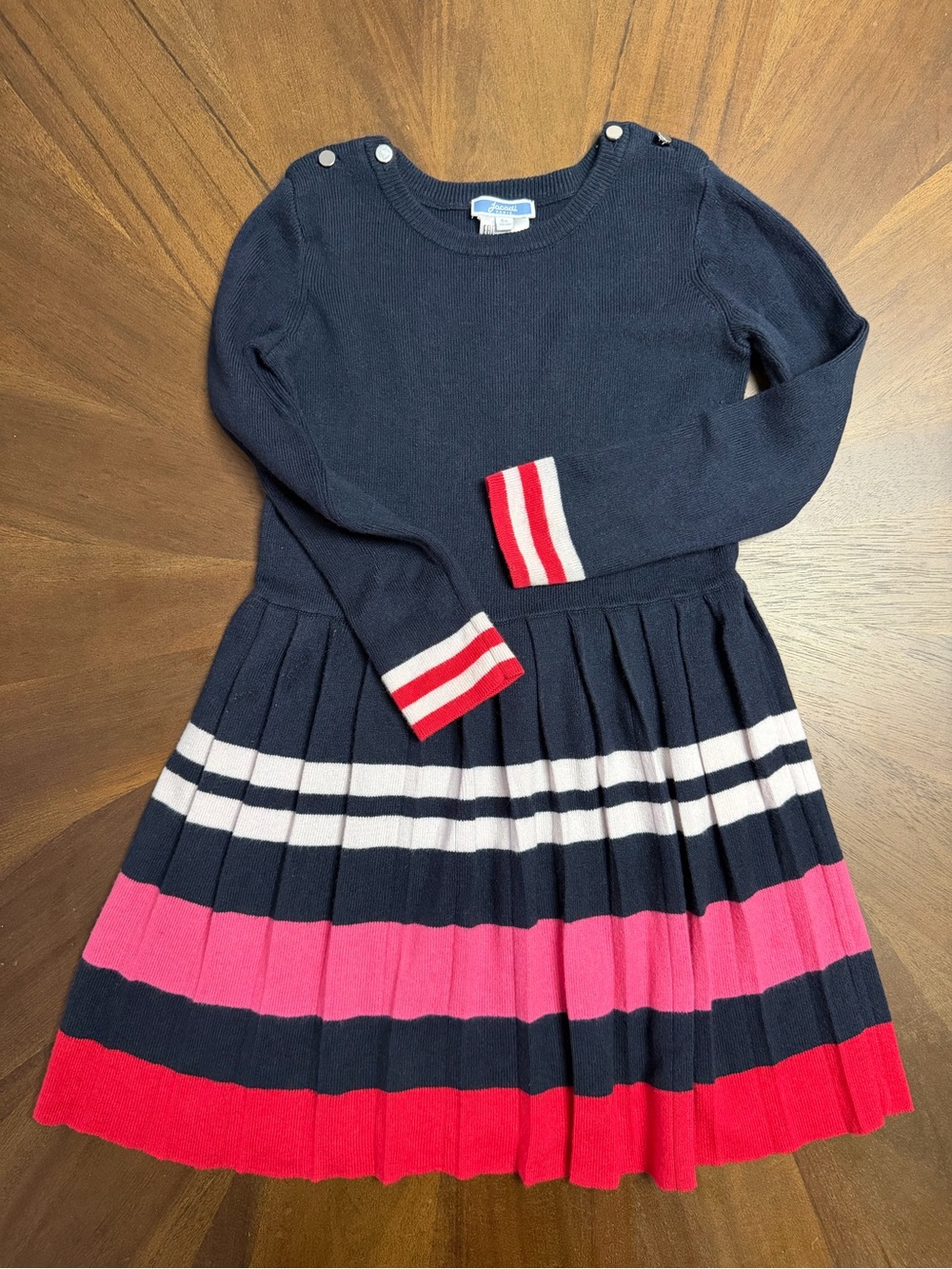 Jacadi Navy, White, Pink & Red Striped Pleated Dress